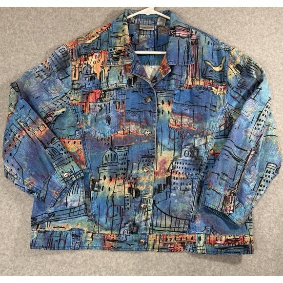 Chico's Jacket Women's Size 1 Medium Linen Cotton Abstract City Jacket Shacket‎ - Picture 2 of 10